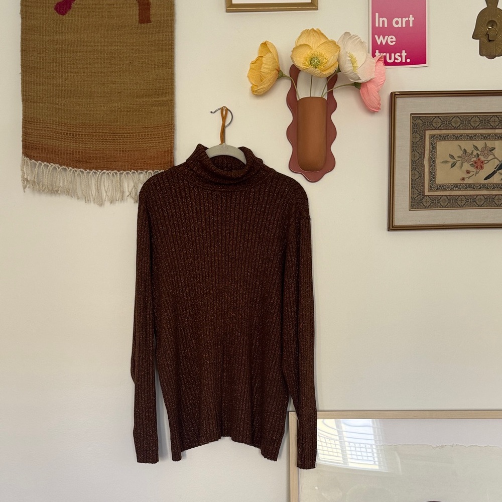 Charter Club Woman Metallic Ribbed Knit Sweater - Brown